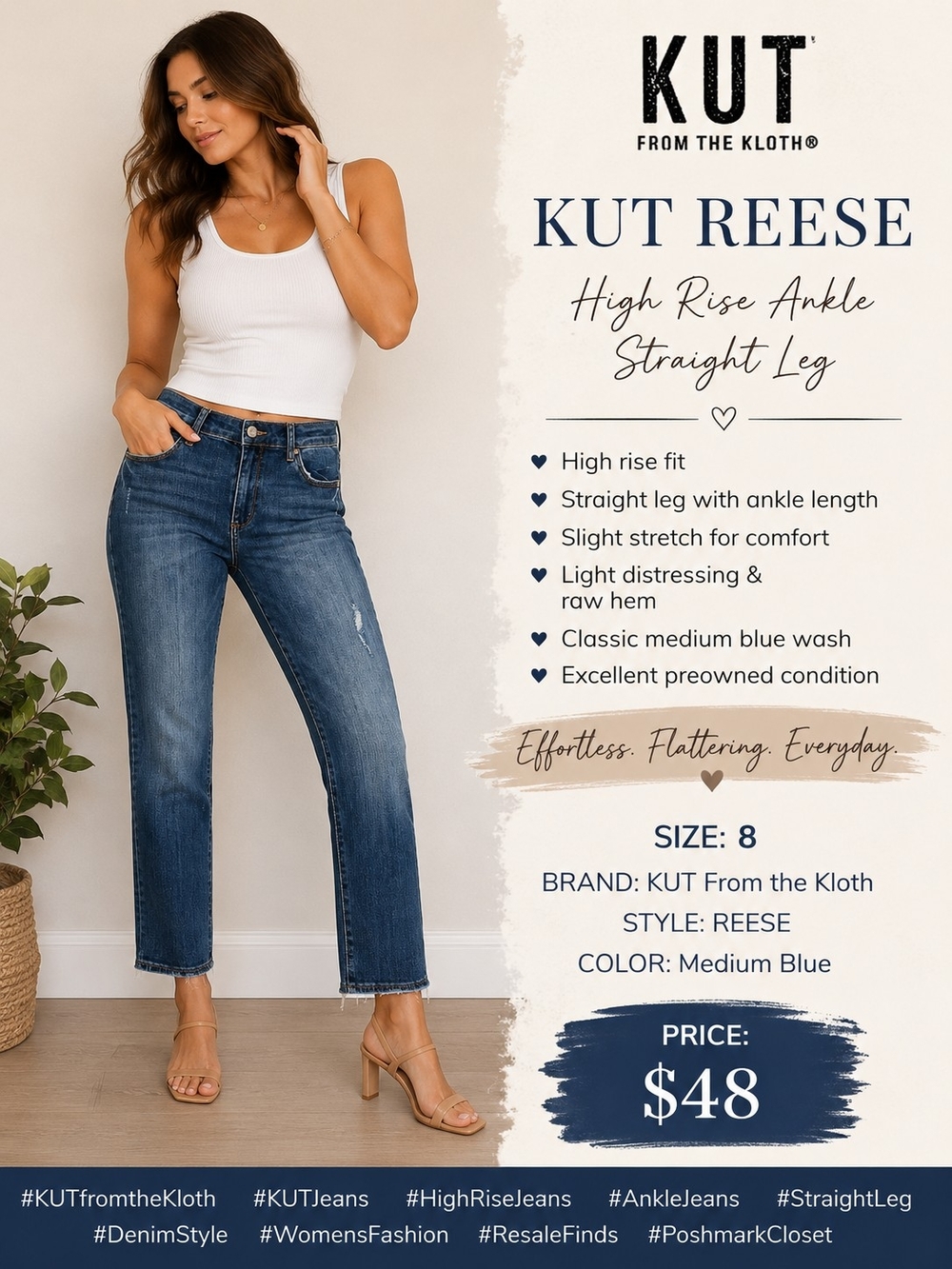 KUT From the Kloth Reese High Rise Ankle Straight Jeans Size 8 Distressed
